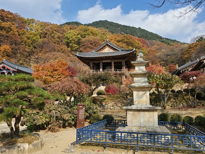 Buseoksa stone pagoda with autumn foliage